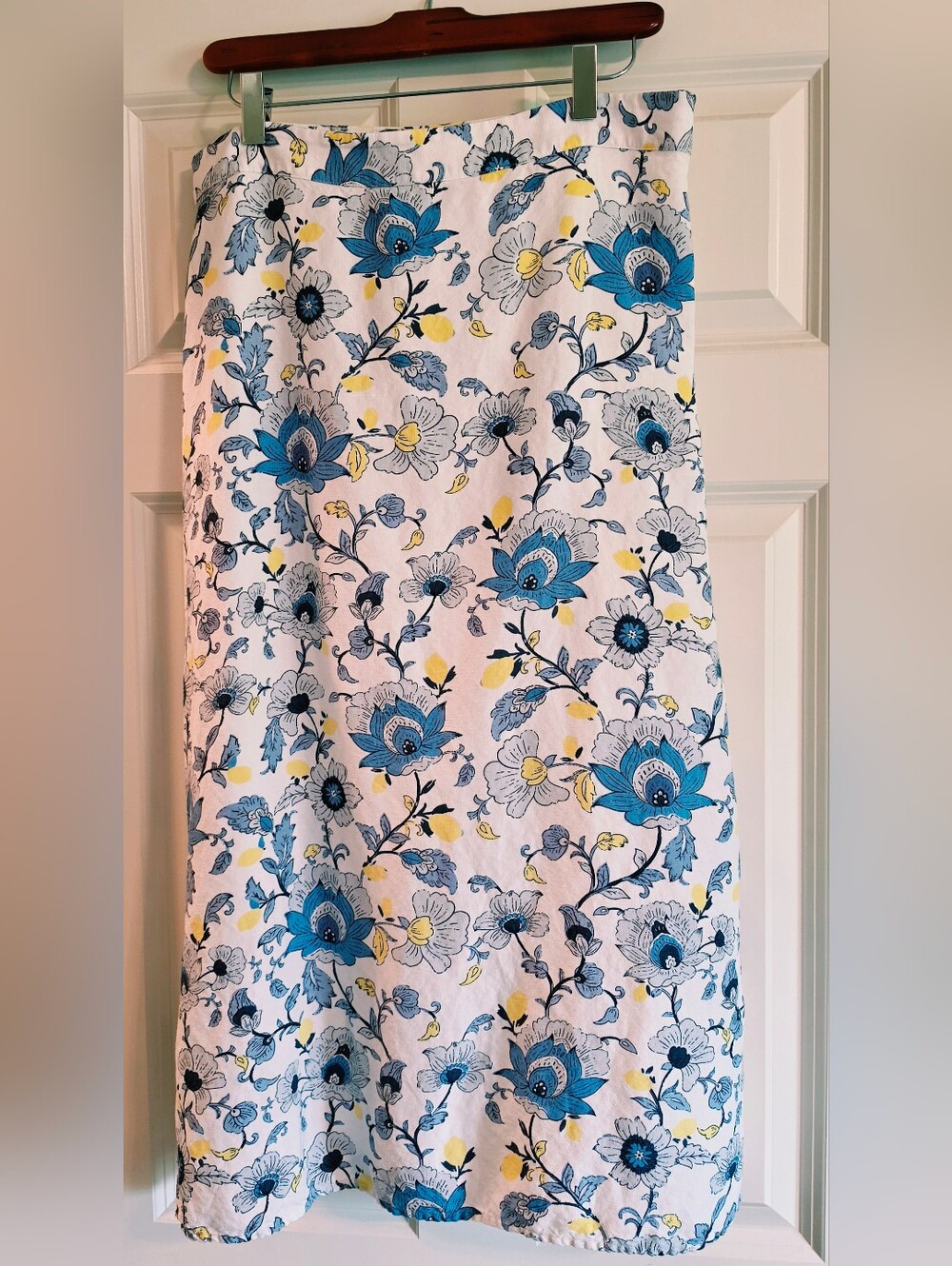 LOFT White Maxi Skirt with Blue and Yellow Floral Print